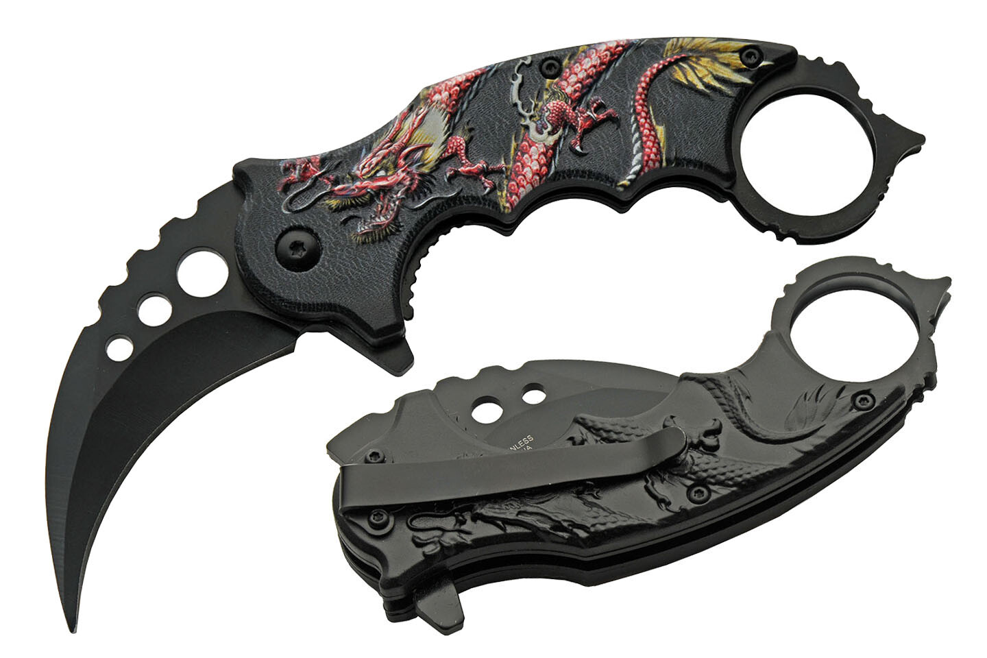 Folding Knife | 3.25in Hawkbill Blade Black Red Gold Dragon Karambit Claw
