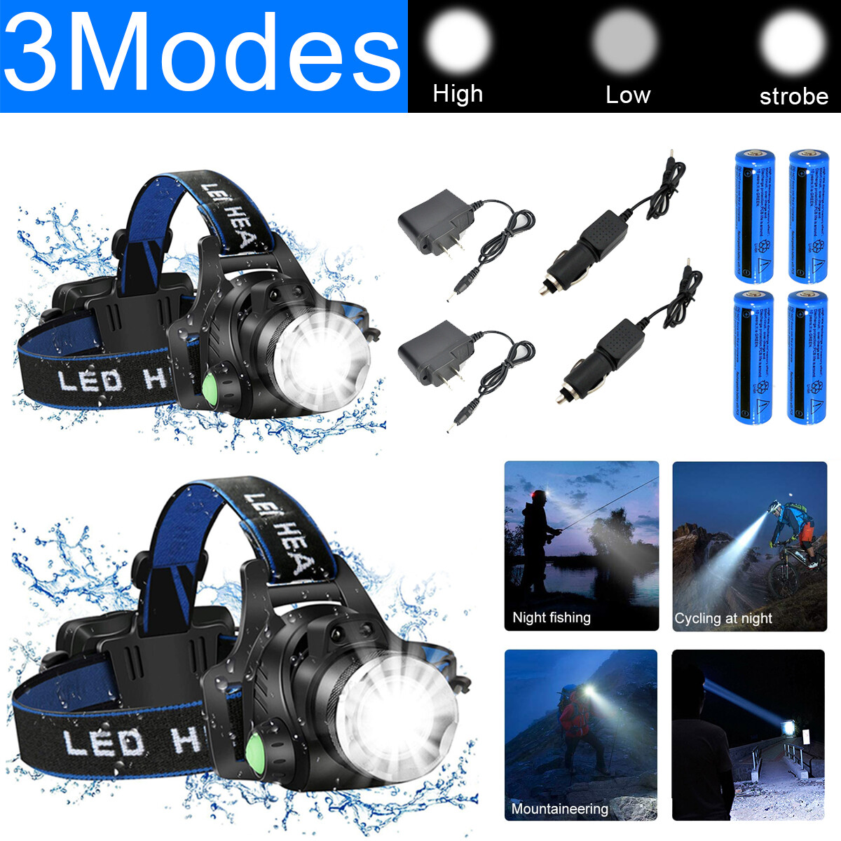 2-Set High-Power 990,000 LM Tactical LED Headlamp with Batteries & Chargers