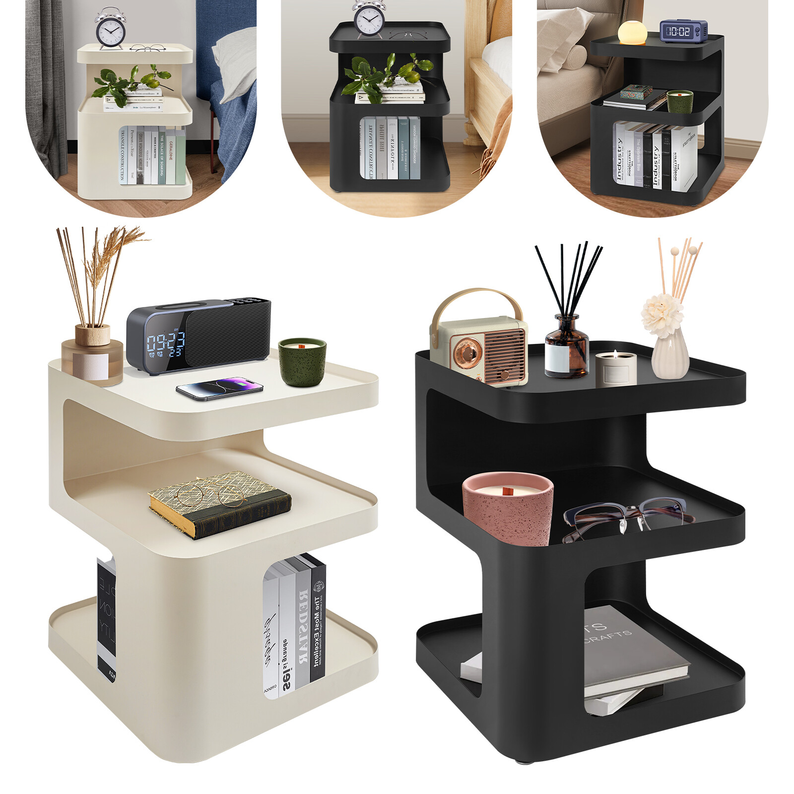 3-Tier Cream/Black Square Modern Side Table Metal Nightstand Modern End Table