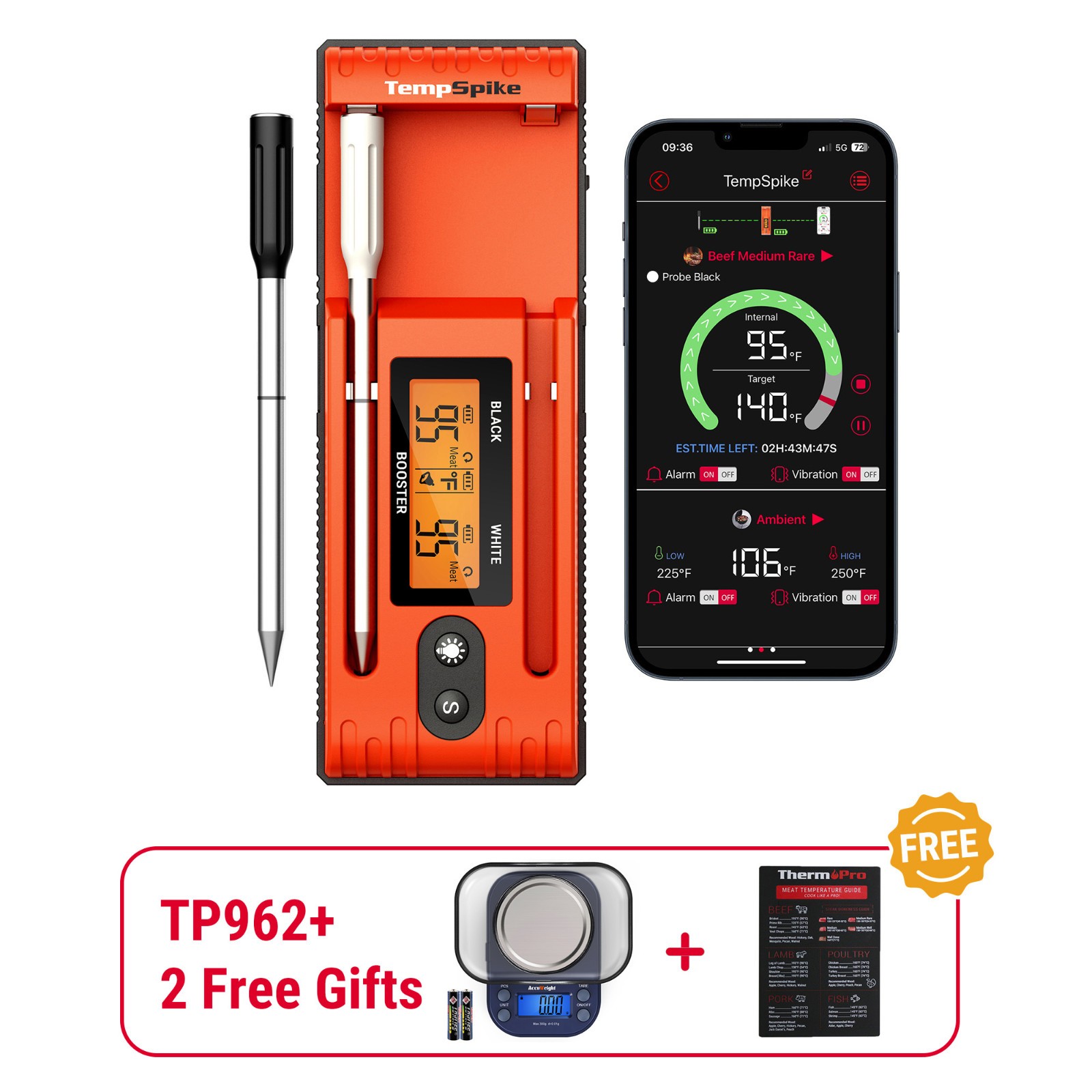 TempPro Twin TempSpike TP962W 500FT Wireless Meat Thermometer 2 Probes Booster