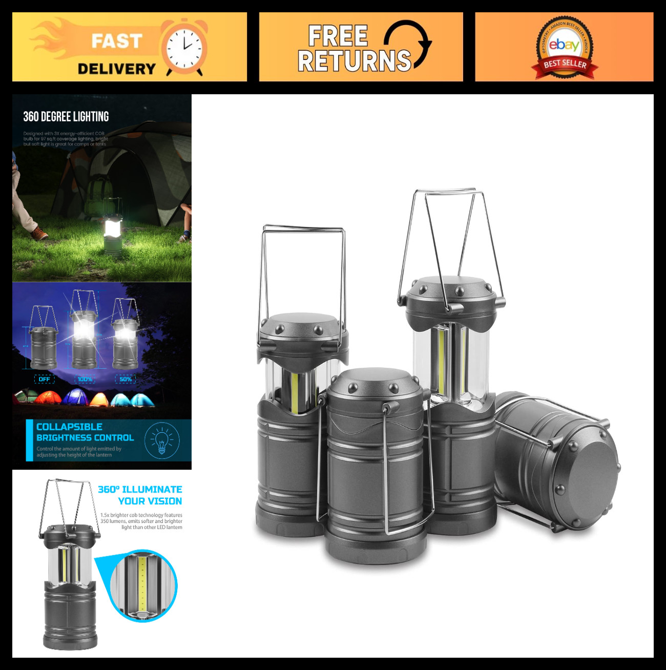 4 Pack LED Camping Lanterns - Battery Powered, Portable, Collapsible Light for H