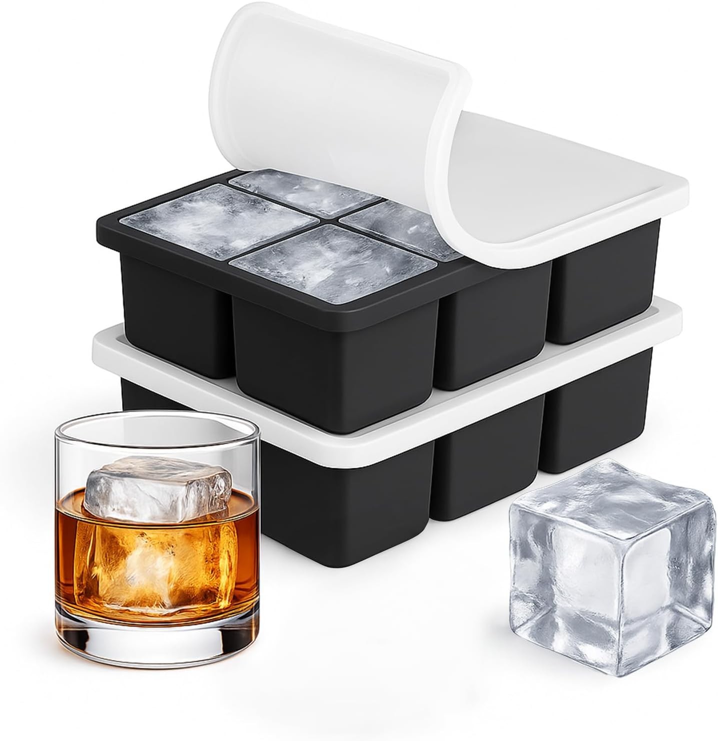 Large Silicone Ice Cube Trays 2 Pack 2 Inch Square Ice Molds with Removable Lid