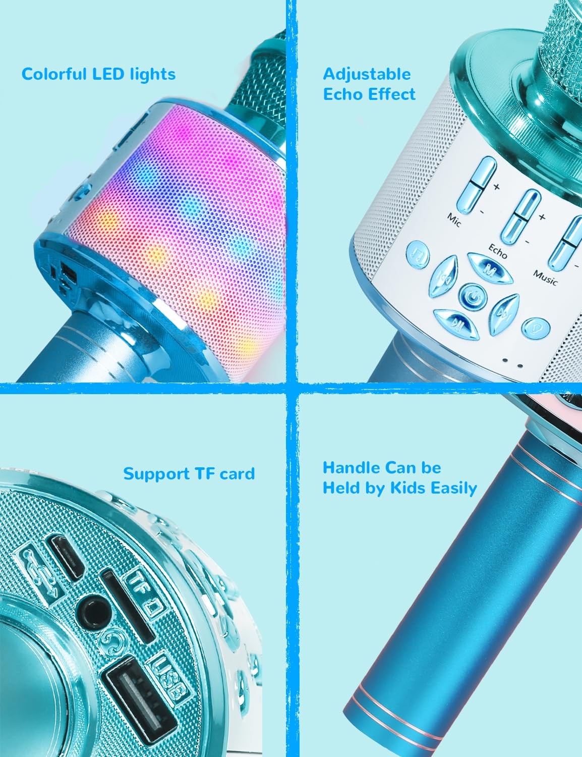 Kids Karaoke Microphone Bluetooth with LED Light Toy Gift for Children Blue