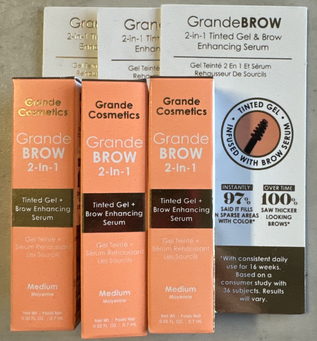 3x Grande Cosmetics 2-In-1 Tinted Gel + Brow Enhancing Serum 0.02 oz Travel Sz