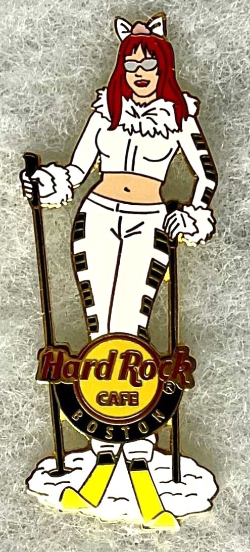 HARD ROCK CAFE BOSTON SEXY REDHEAD SNOW BUNNY GIRL WITH SKIS & POLES PIN # 37766