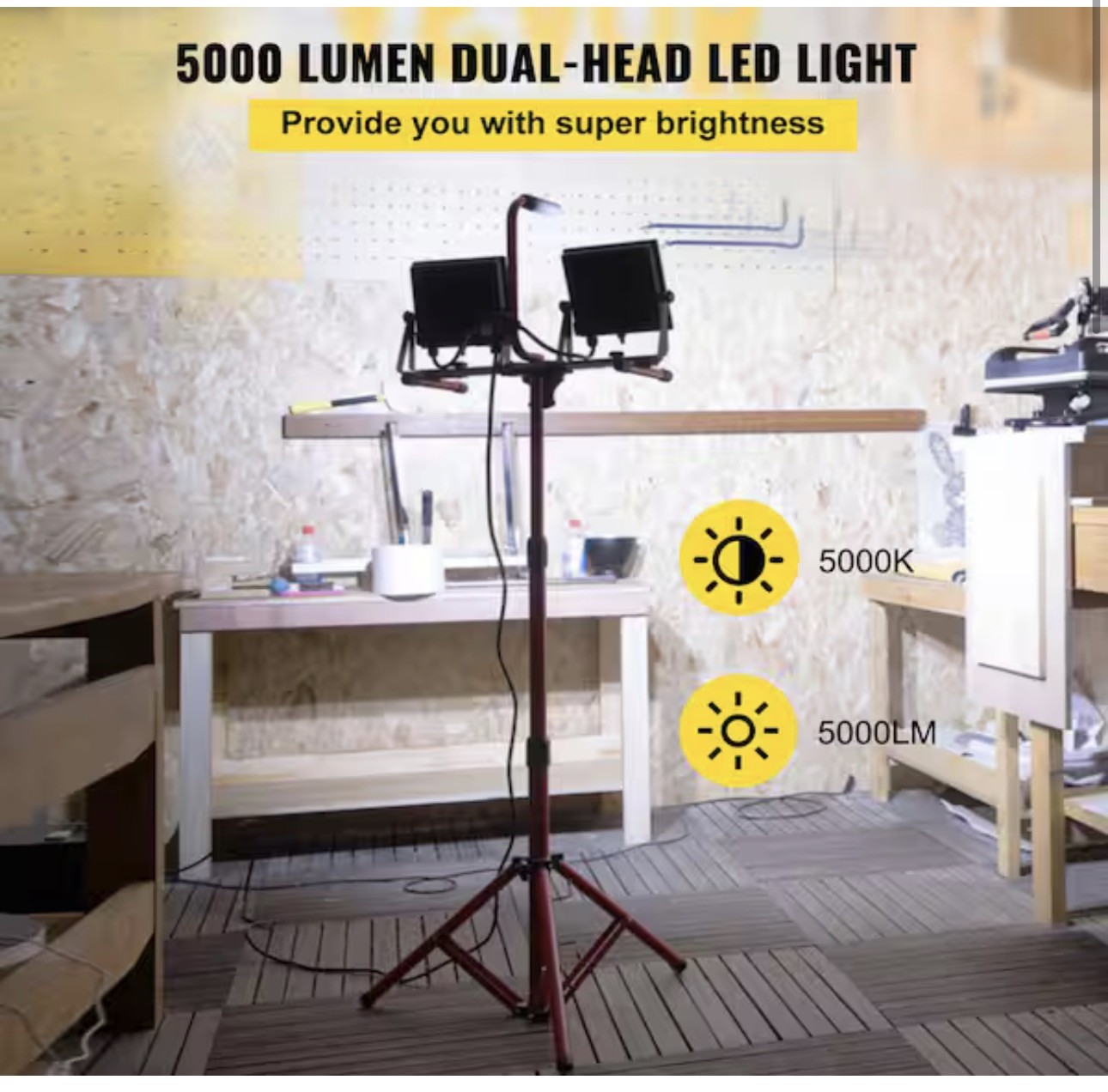 Dual-head Led Work Light 5000 Lumen Led Work Light with Tripod 27.6-68.1"