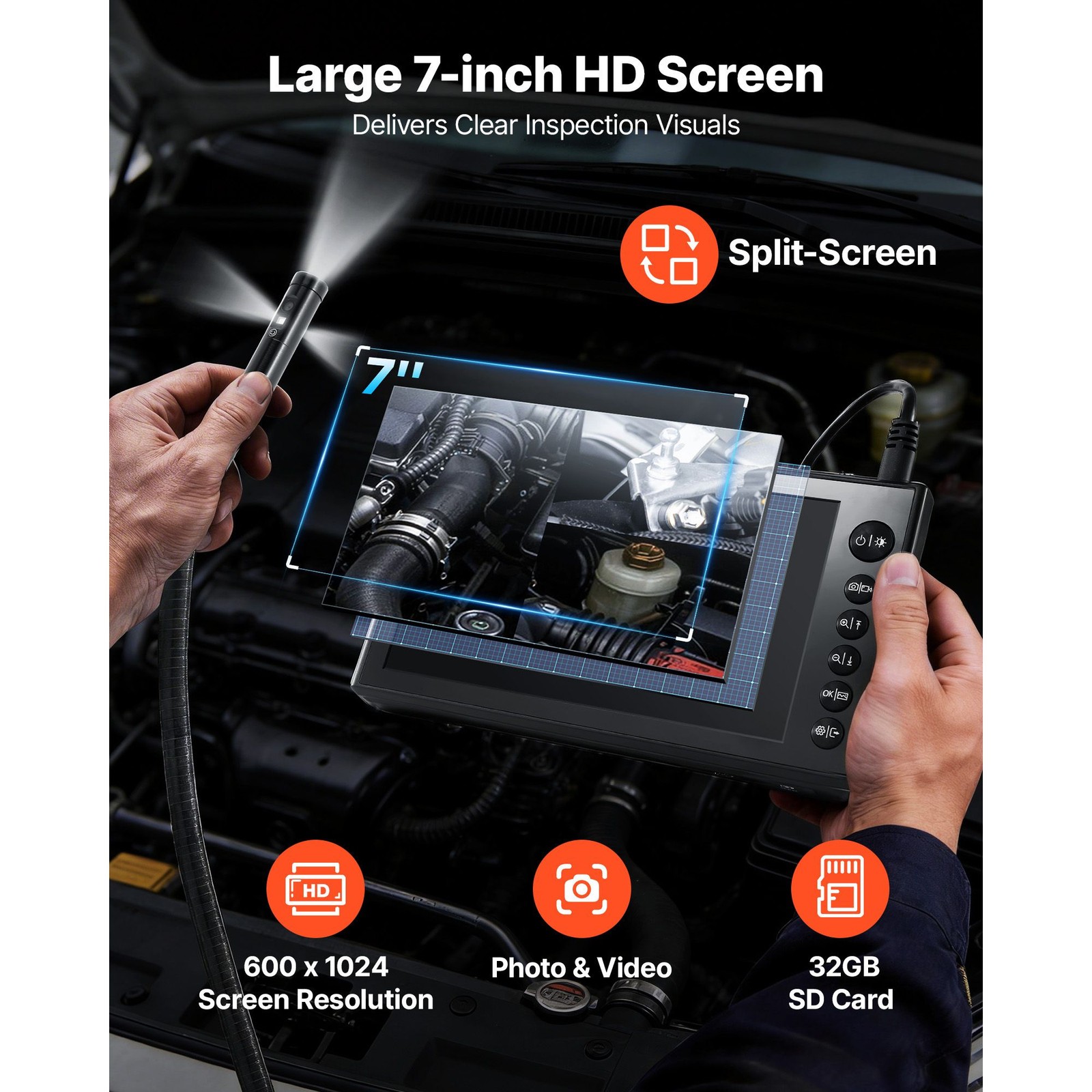 Dual-Cable Borescope: 7\" IPS, Triple Camera, 8X Zoom, IP67, 5hr Battery