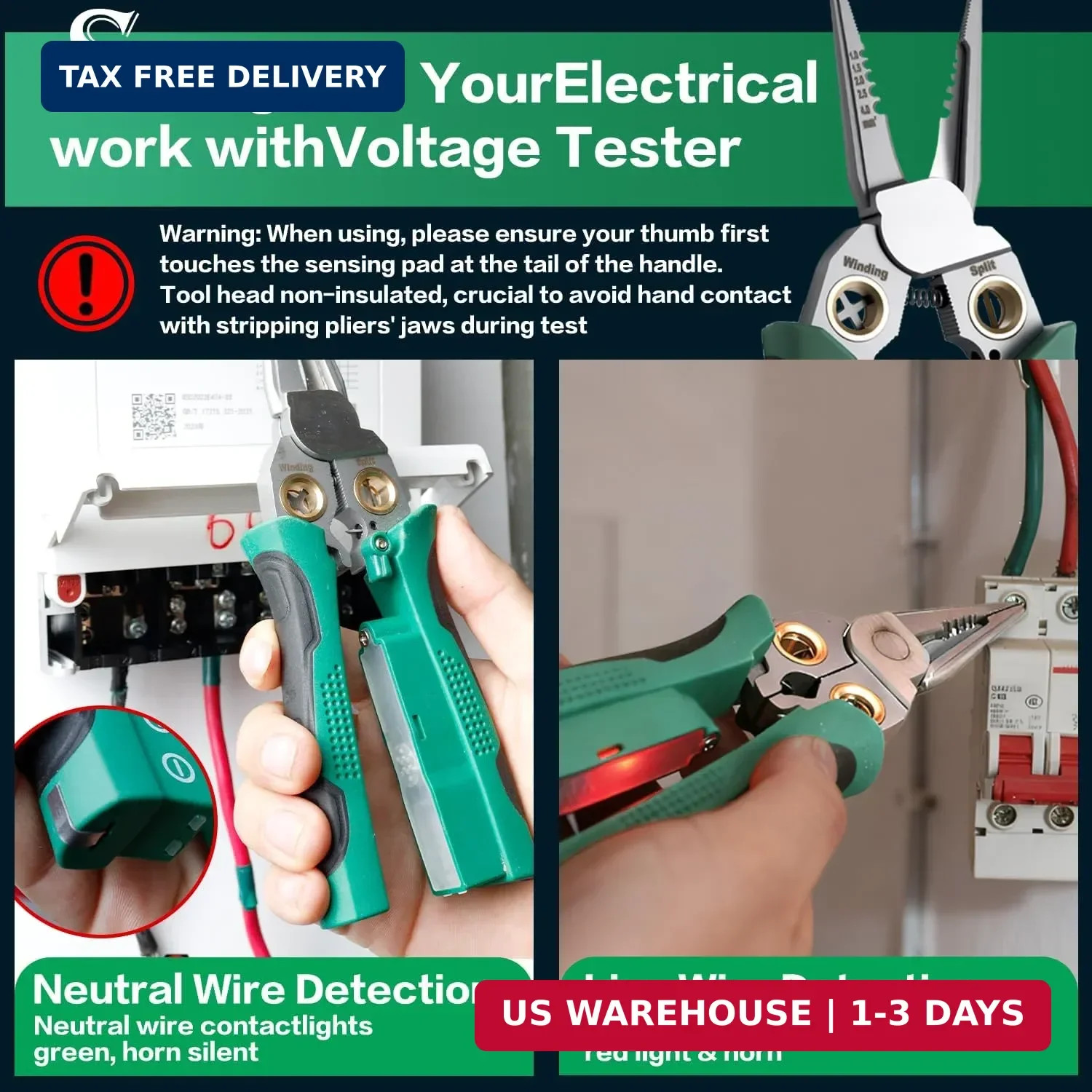 8-in-1 Wire Crimper Stripper with Voltage Detector & Dual Alarms - Heavy Duty 12