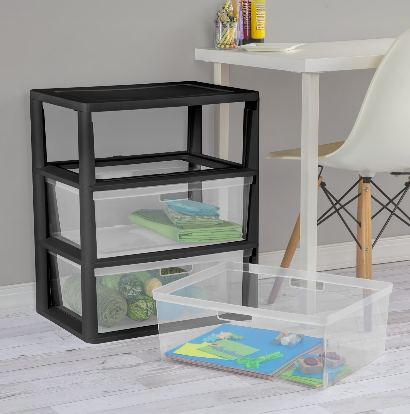 (2 pack) Sterilite Wide 3 Drawer Tower, Plastic Storage Organizer , Black