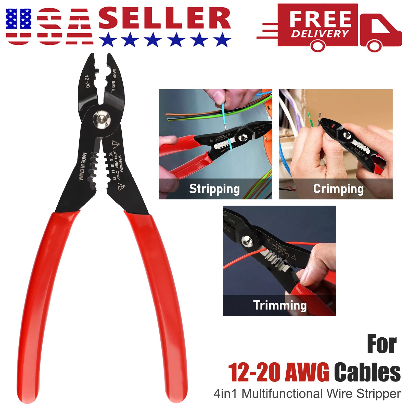 4 in 1 Wire Service Pliers Crimper Stripper Cutter Gripping for 12-20AWG Cable