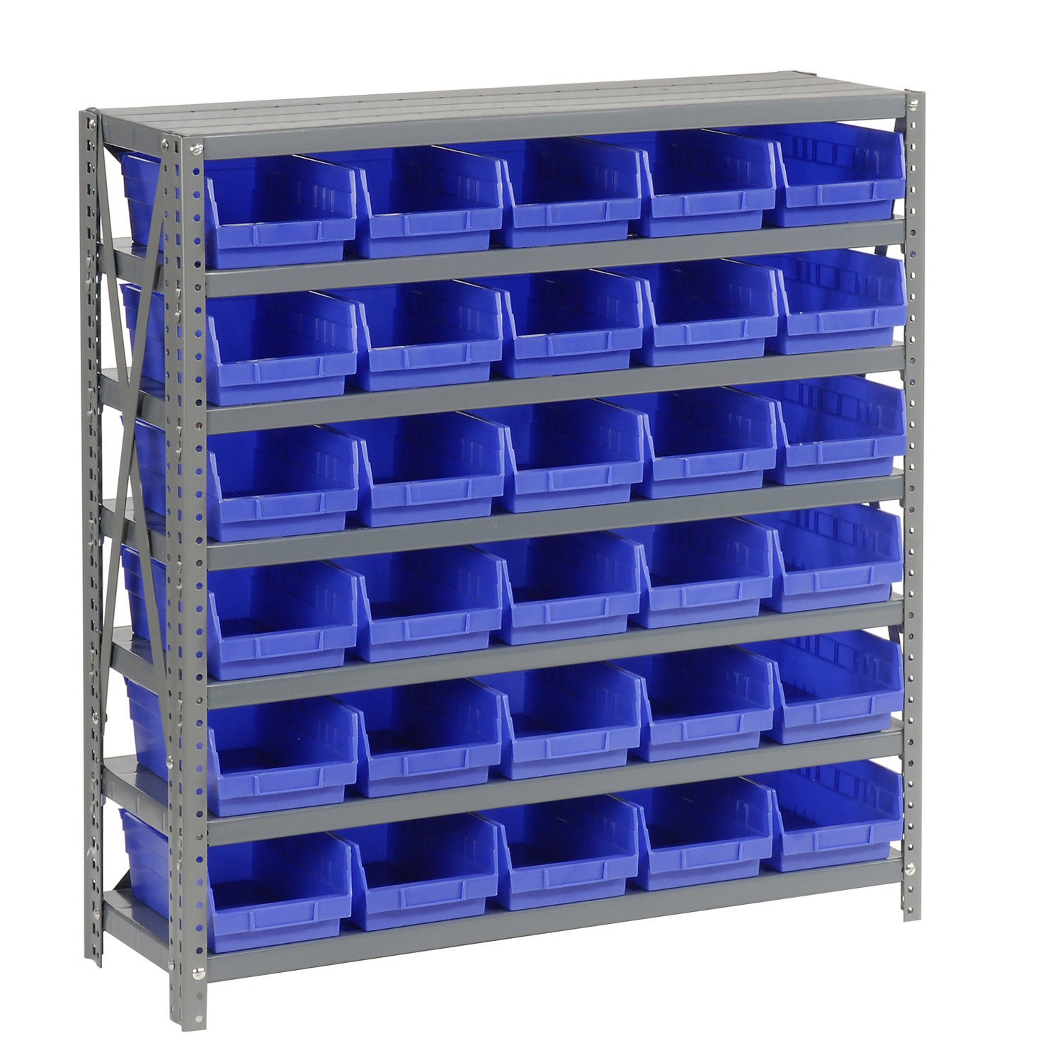 7 Shelf Steel Shelving with (30) 4"H Plastic Shelf Bins Blue 36x18x39