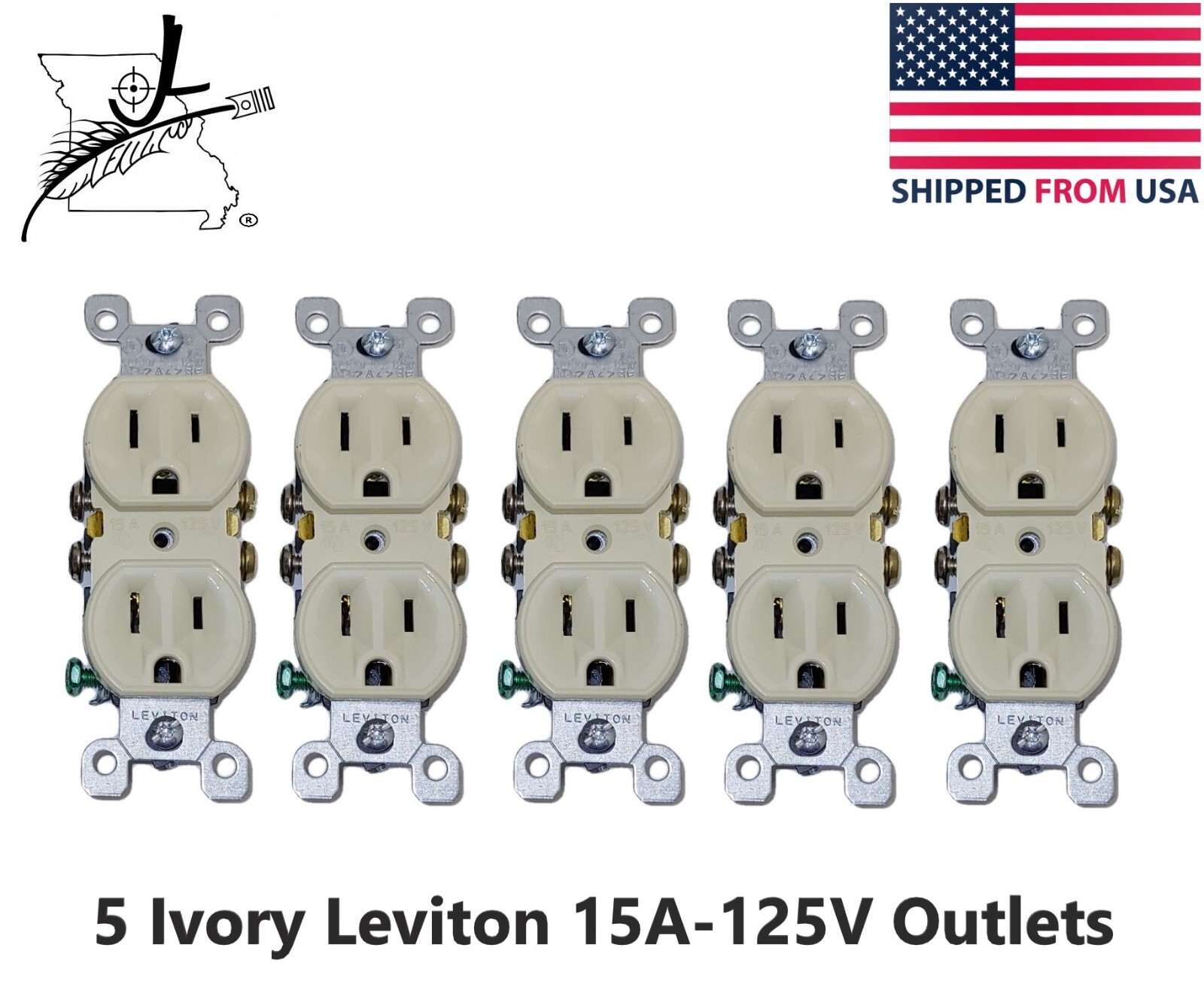 5 Leviton Ivory Outlets 15A-125V 3 Prong Wall Duplex Grounded Plug Made In USA