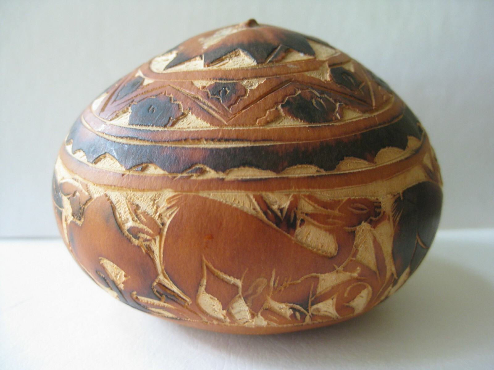 Peruvian Traditional Hand Carved Folk Art Gourd Mate Storyteller Llamas & Keeper