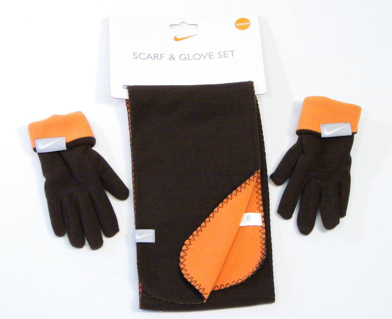 Nike Boys Brown & Orange Fleece  Gloves & Scarf  Youth Size 8-20 NWT
