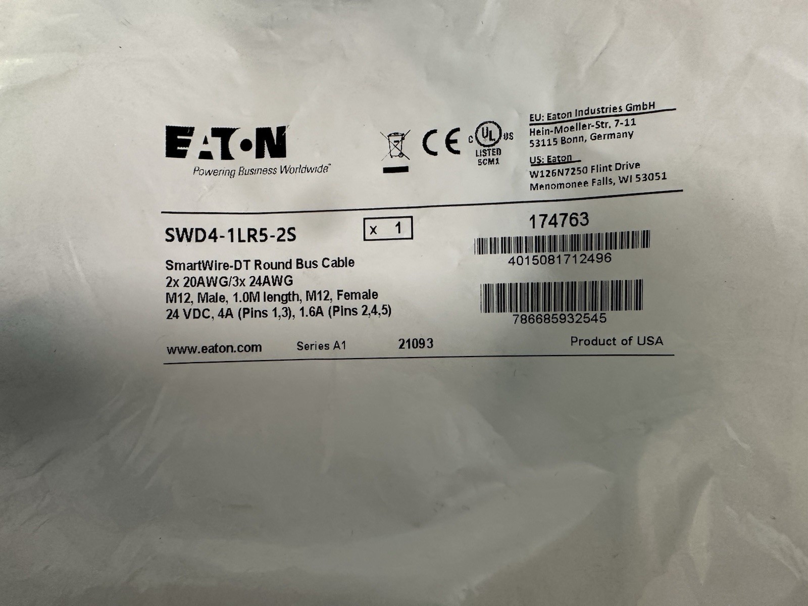 *NEW* Eaton SmartWire-DT Round Bus Cable 1.0M M12 Male/Female SWD4-1LR5-2S