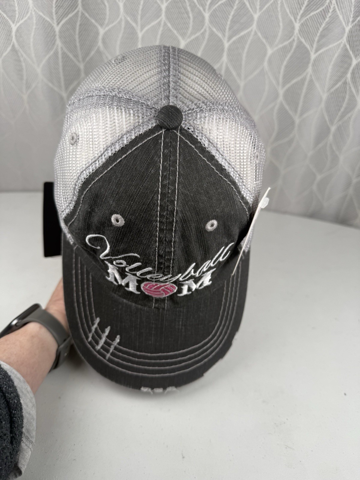Volleyball Mom white and pink on gray distressed Hat Cap White Mesh NWT HookLoop