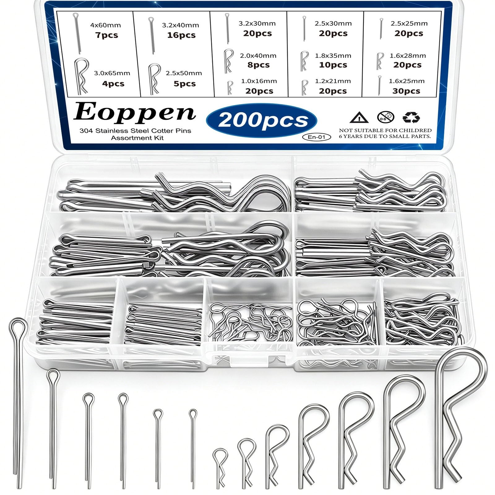 Eoppen Cotter Pin Assortment Kit - 304 Stainless 200Pcs - 13 Sizes, Silver