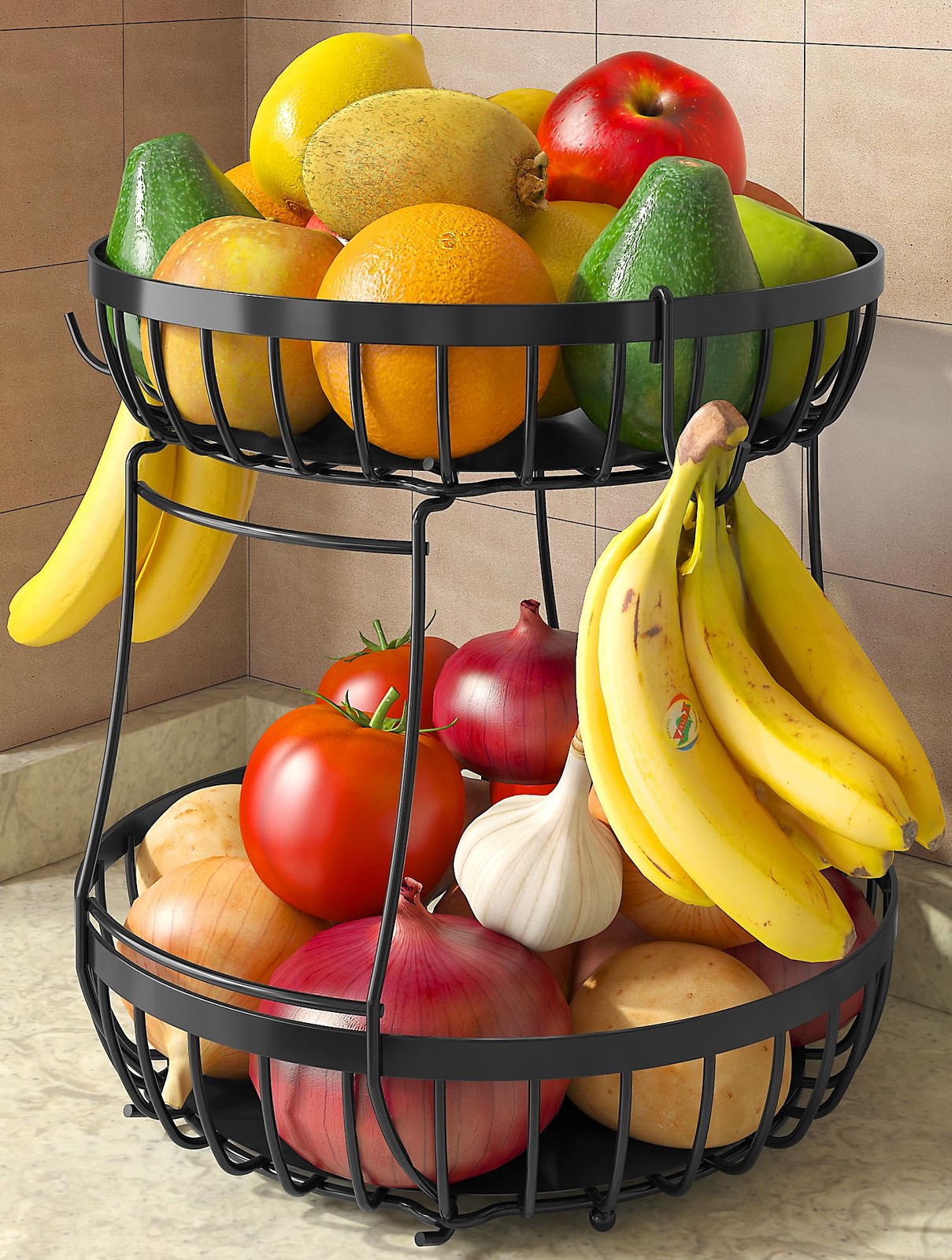 2 Tier Large Fruit Basket for Kitchen Counter with 2 Banana Hangers, Metal St...