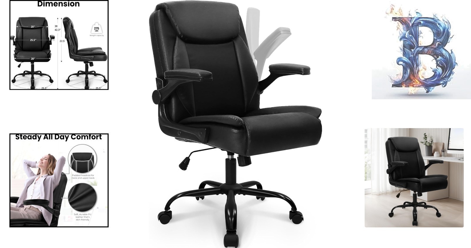 Mid-Back Office Chair with Flip-Up Armrests - Stylish and Comfortable Seating