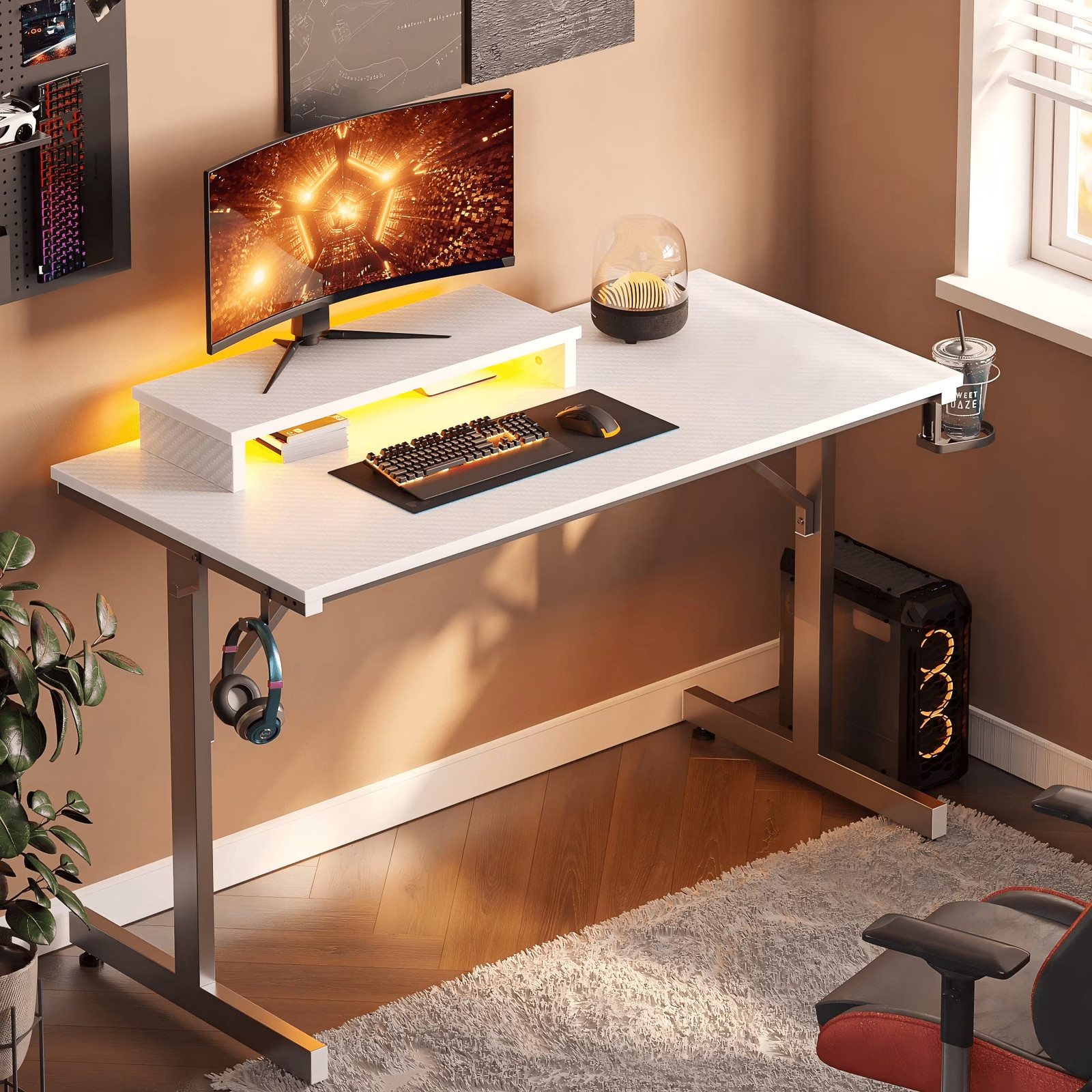42" LED Gaming Desk PC Computer Table with Monitor Stand Cup Holder White