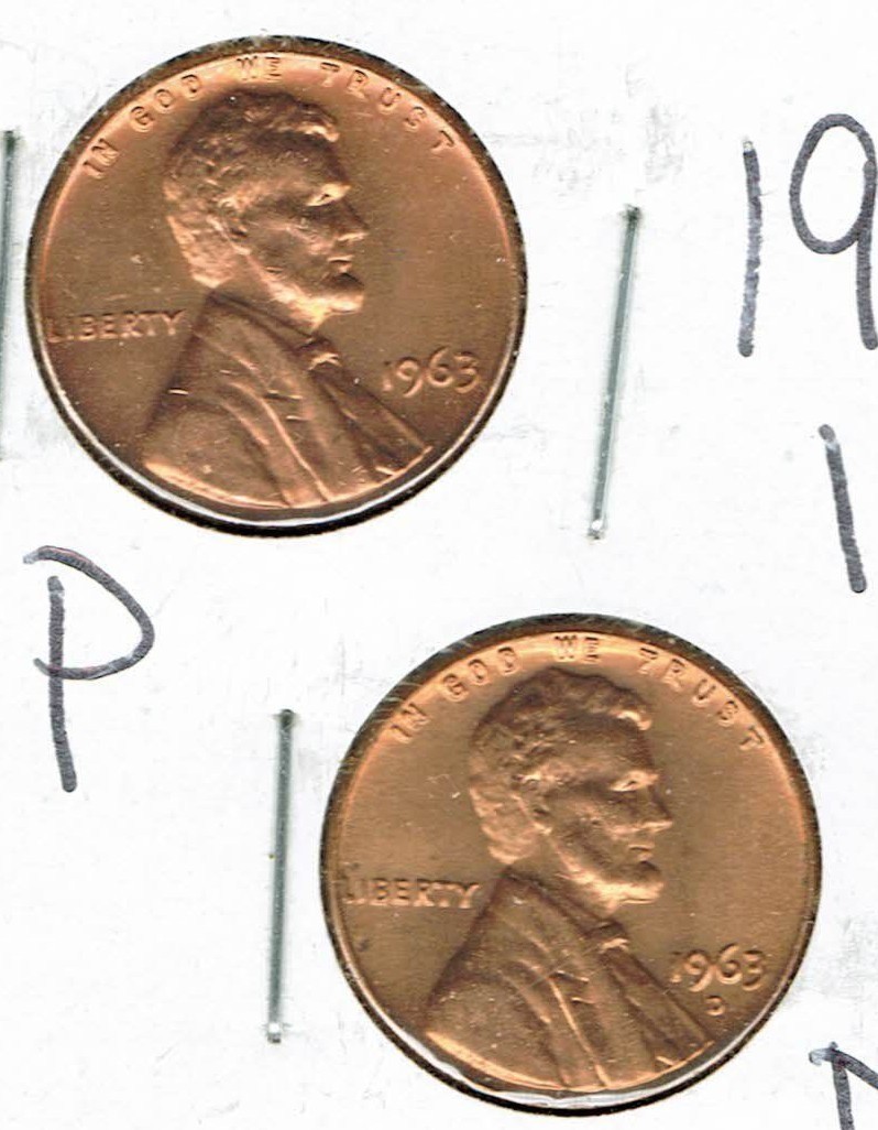 1963 P & D Brilliant Uncirculated Two Lincoln cent coins!