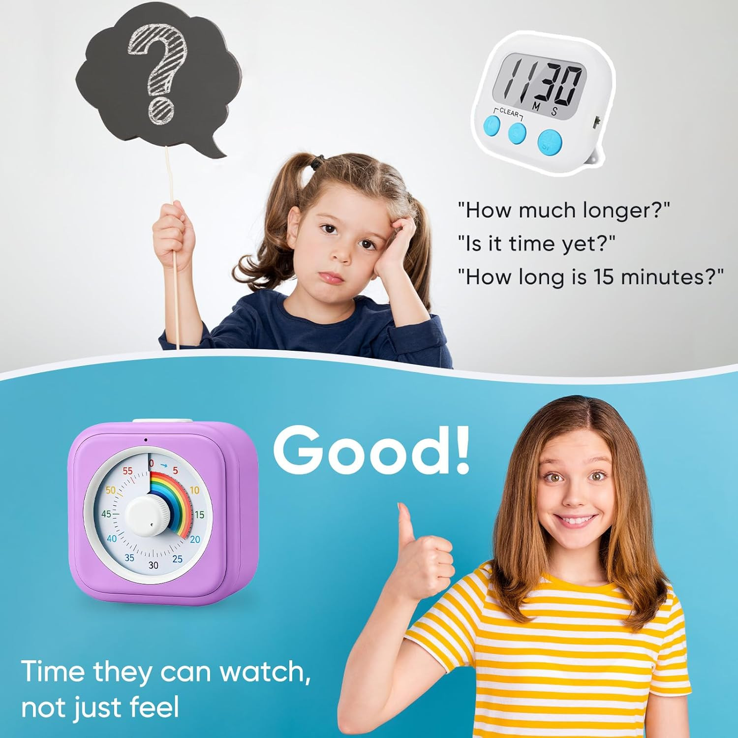 Rainbow Visual Timer for Kids, 60 Minute Silent Countdown Clock with Color Disk,