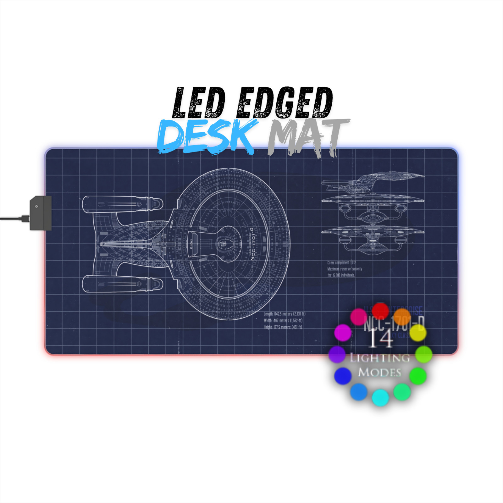LED Desk Mat - Klingon Bird of Prey, Star Trek blueprint mousepad I RGB edged