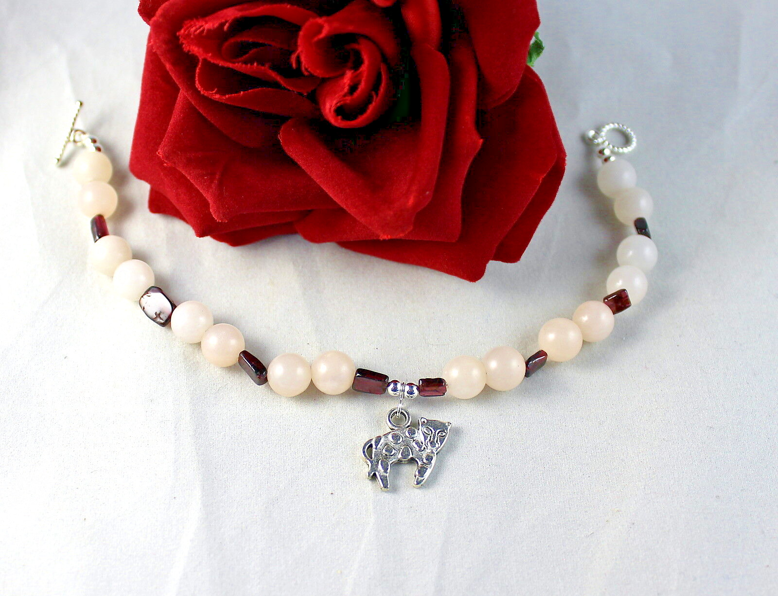 Artisan Pink Quartz & Garnet   Beaded Cat Charm Bracelet CAT RESUCE