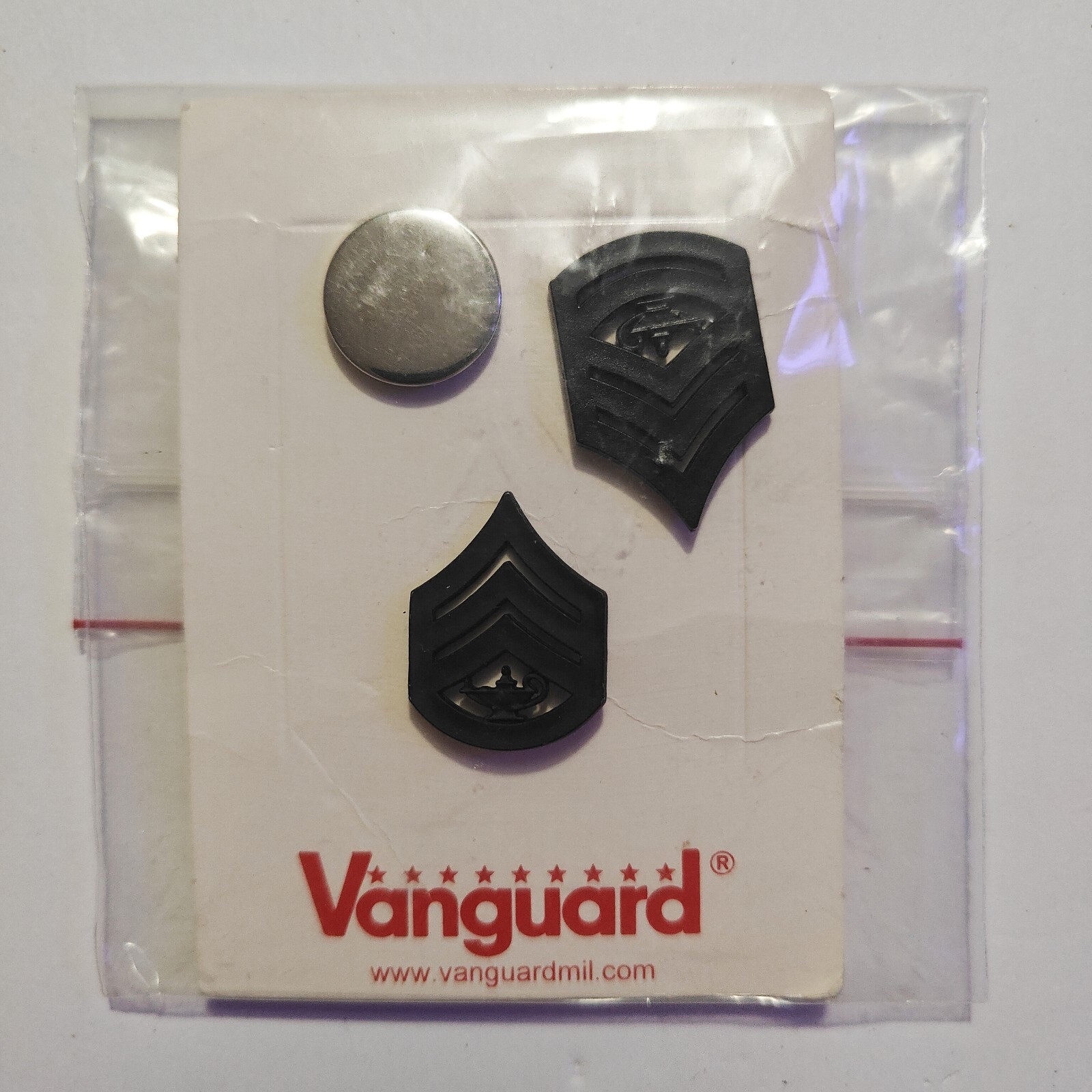 Vanguard Chevron Black Military Rank Pins SET OF 2 + 1 Round Metal Silver Pin
