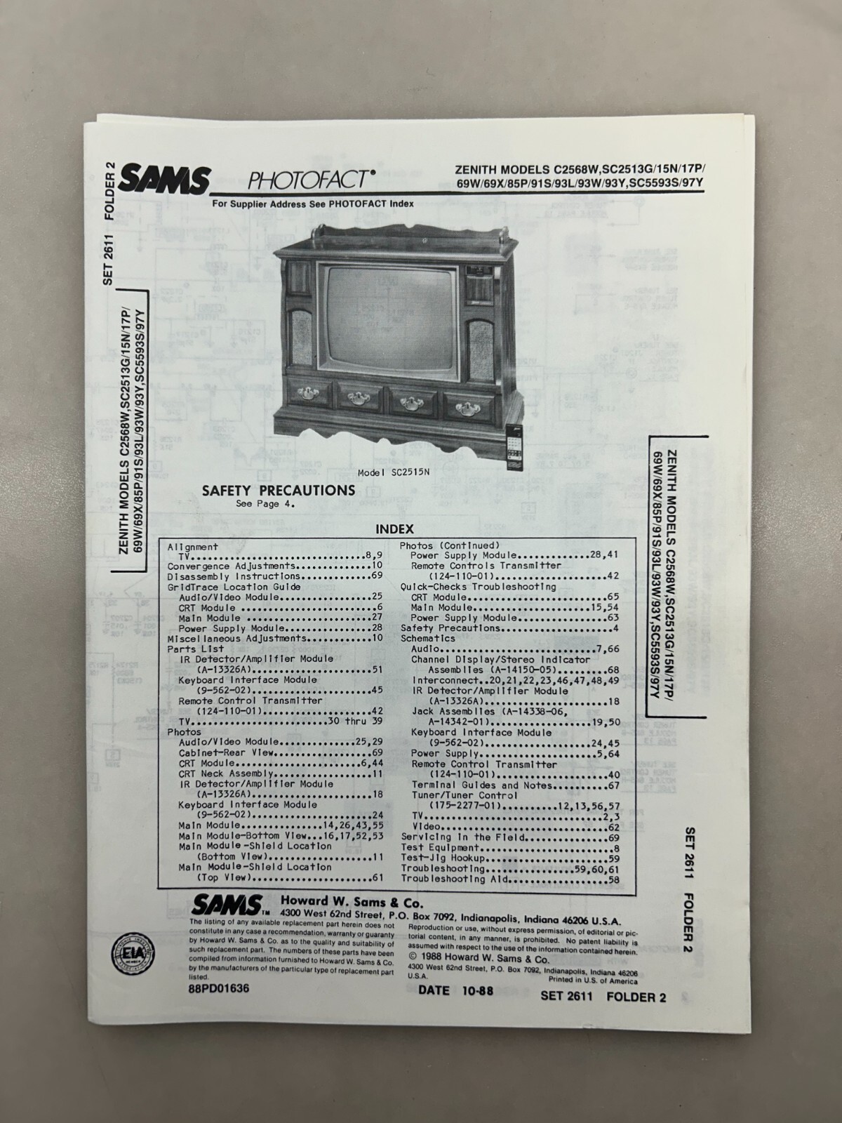 Zenith C2568 SC2513 SC5593 Service Manual Sams Photofact Free Shipping