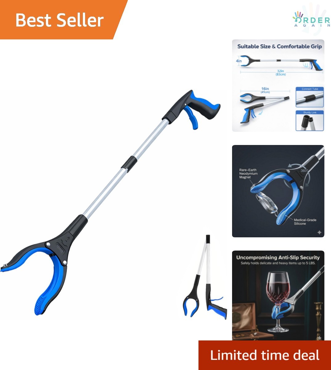 Reacher Grabber Tool Aluminum 32 In Long Foldable Reaching Aid for Seniors