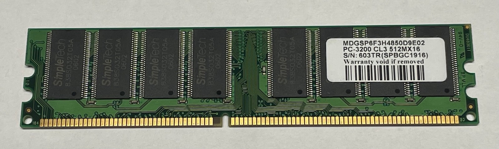 (1) - SIMPLETECH 512MB PC 3200 DDR 400 98000-00185-002 K002380 ITEM# 943525