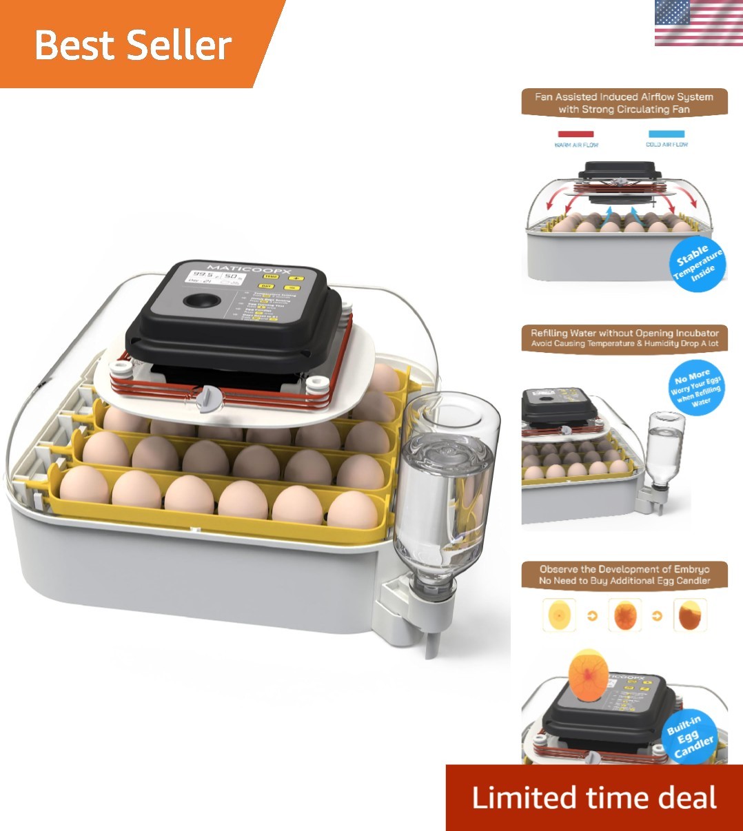 30-Egg Incubator with Humidity Display & Automatic Egg Turner for Hatching