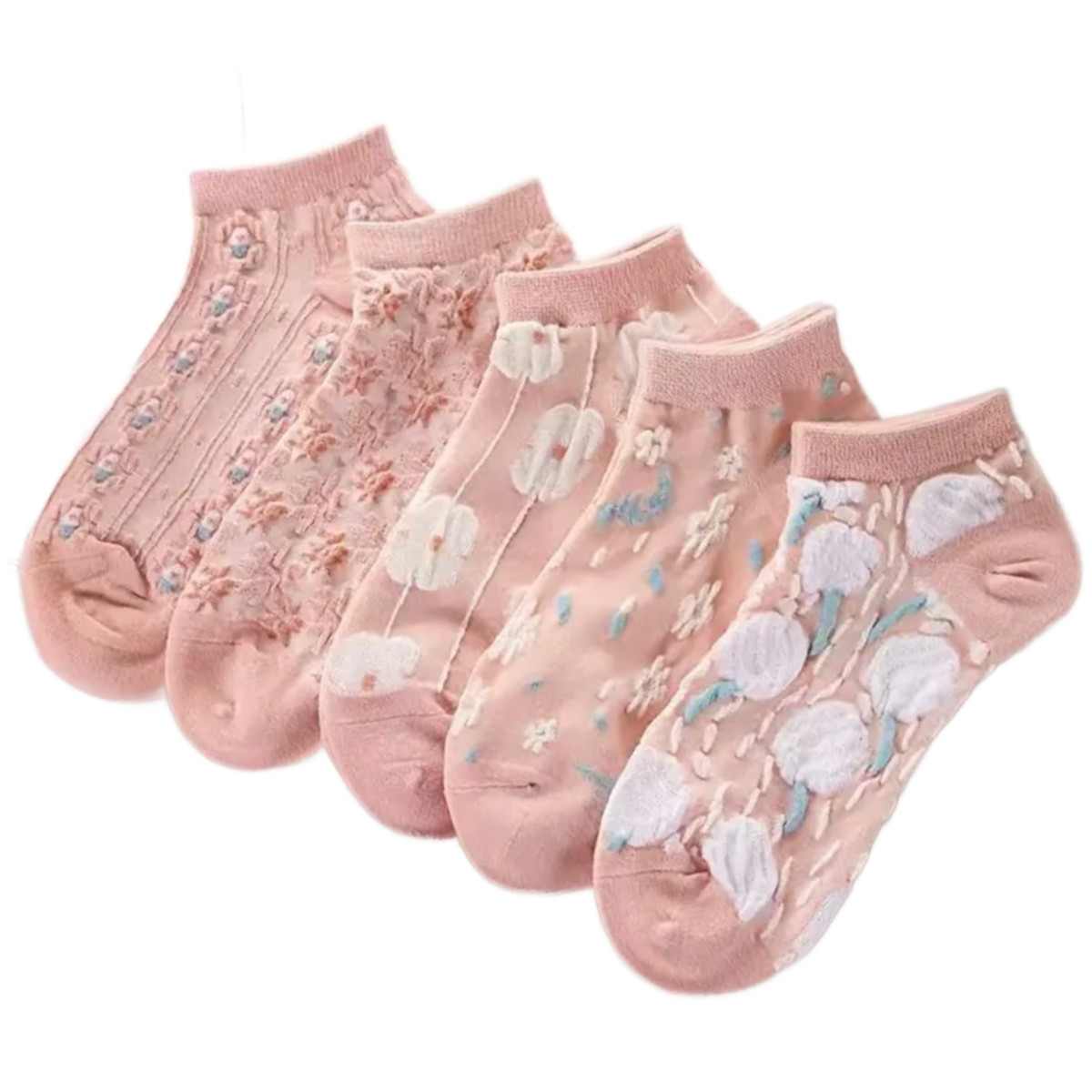 Kawaii Floral Low Cut Ankle Socks Texture Stockings Hosiery New Lot of 5 Pairs