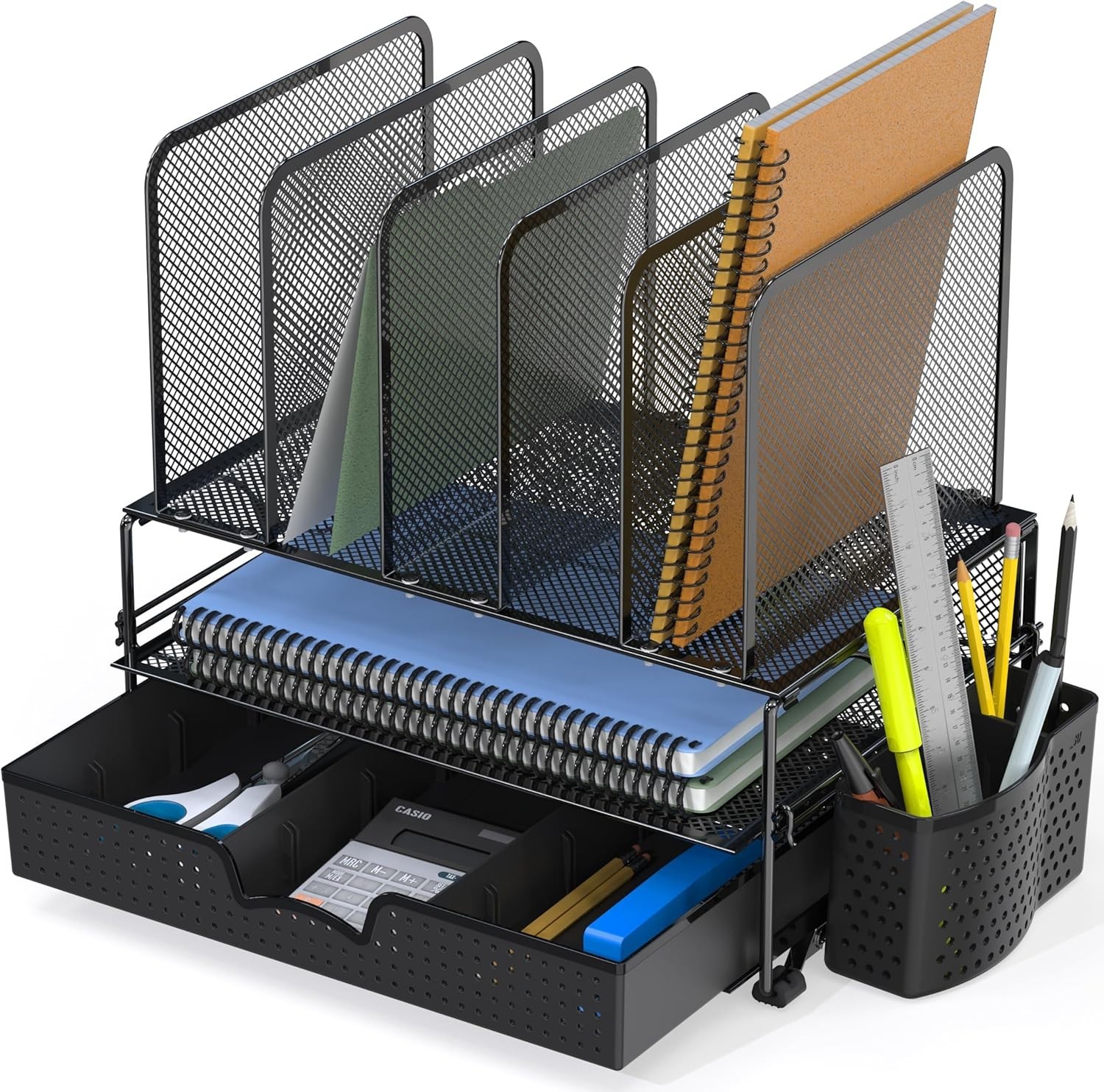 Mesh Desk Organizer with Sliding Drawer, Double Tray and 5 Upright Sections, ...