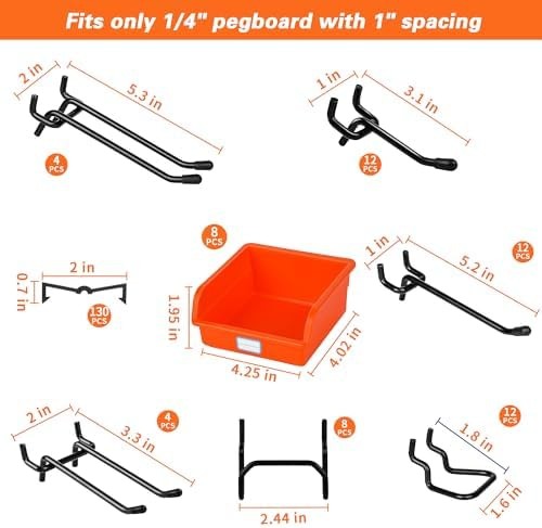 296 PCS Extra Thick 0.2'' Pegboard Hooks for 1/4" Peg Board Hanging Tools, He...