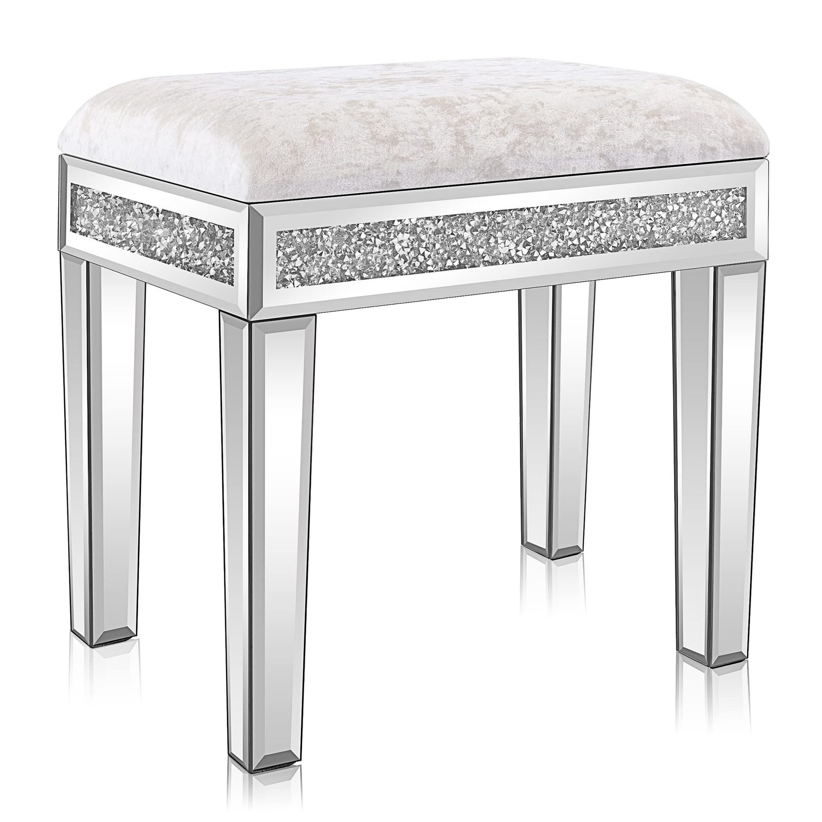 Mirrored Vanity Stool w/ Storage, Upholstered Velvet Ottoman, Makeup Table Bench