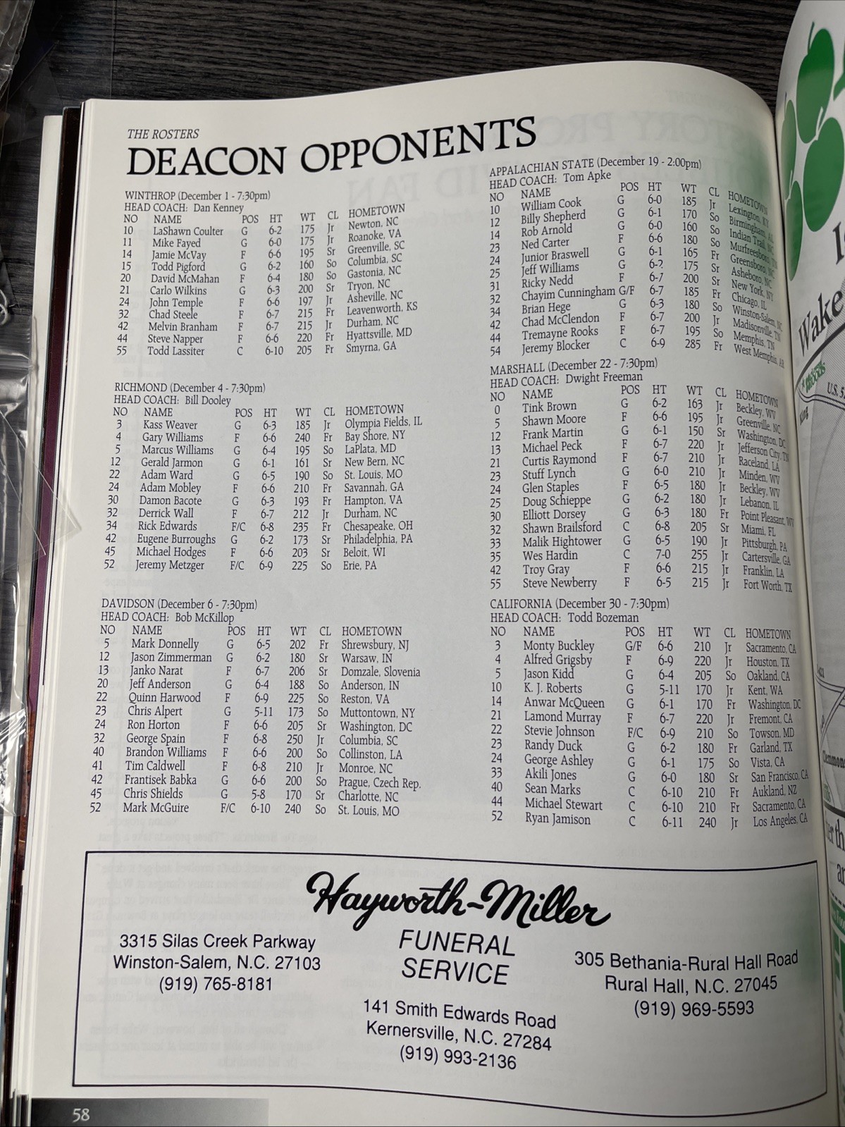 1993-94 Wake Forest Basketball Outside Program Vol 1 Tim Duncan Freshman First