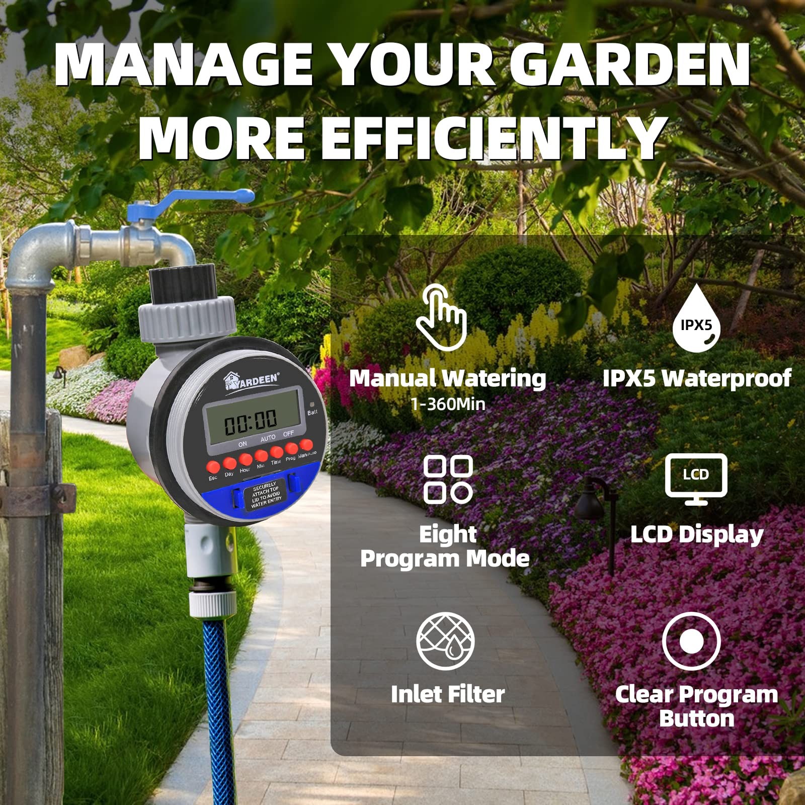 Yardeen Water Timer Garden Irrigation Controller with 8 Programs