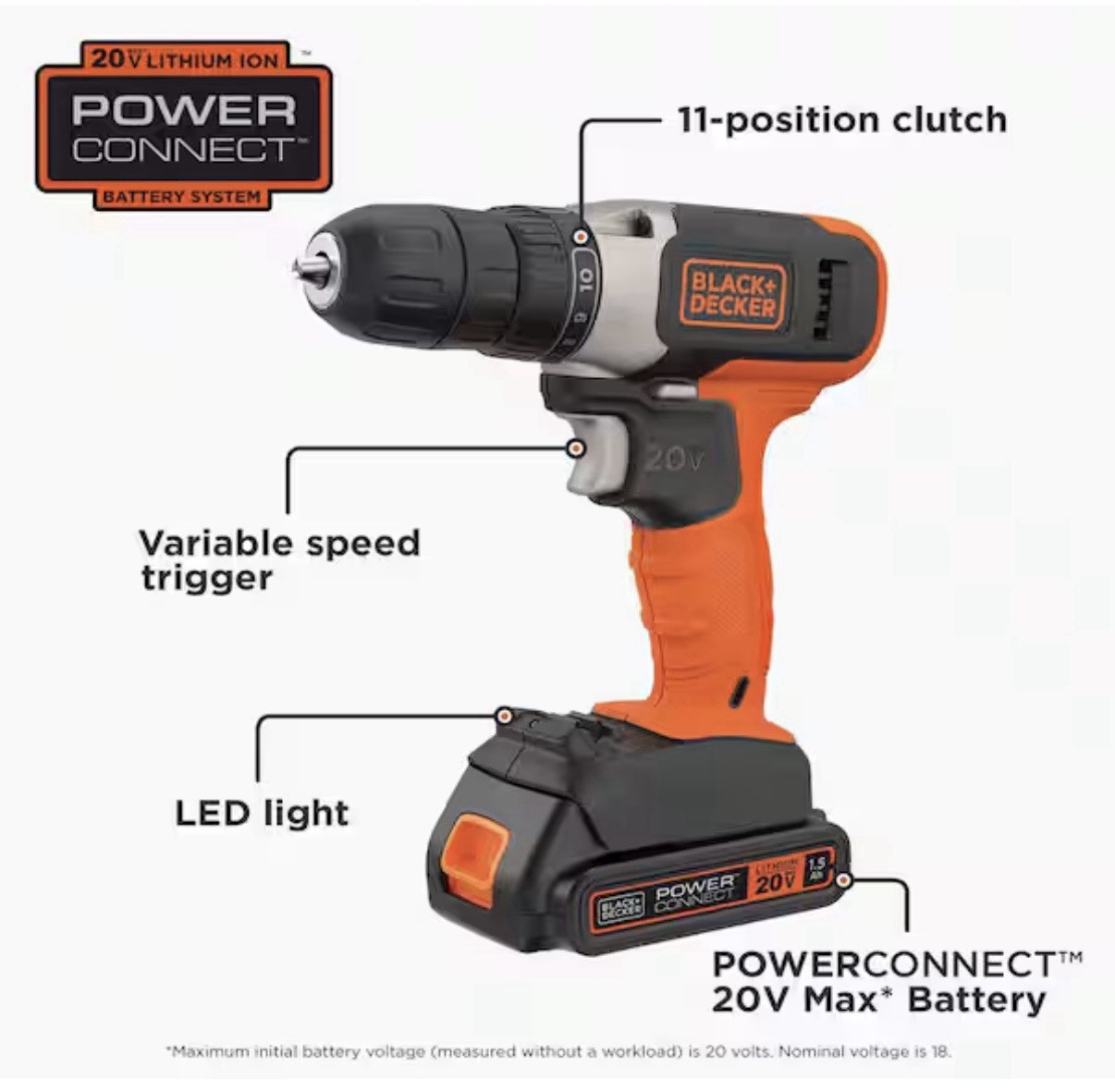 BLACK+DECKER 20V MAX Cordless Drill and Driver, 3/8 Inch, Battery and Charger in