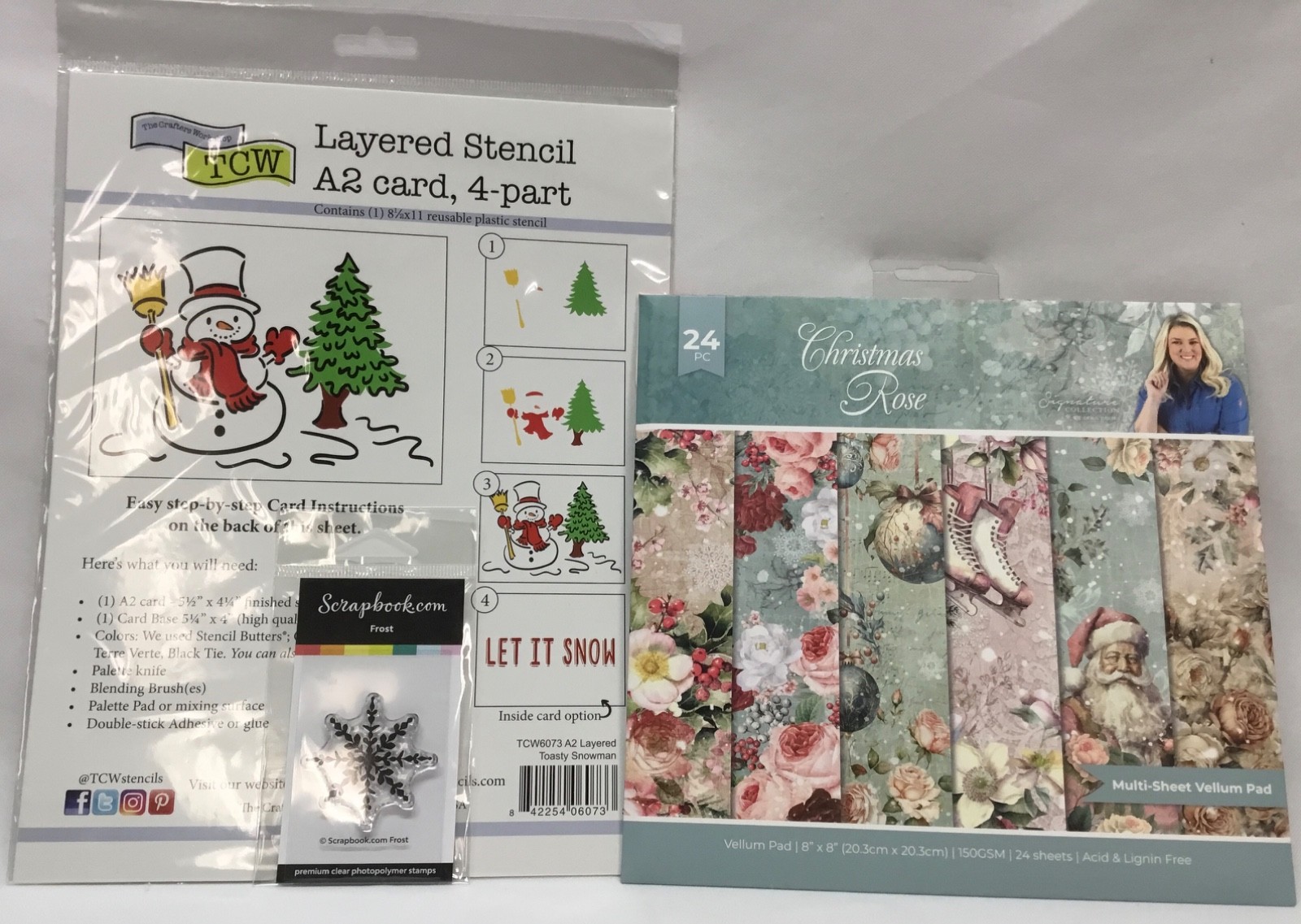 NEW Crafter's Companion Christmas Rose Vellum/TCW Snowman Stencil/Flake Stamp