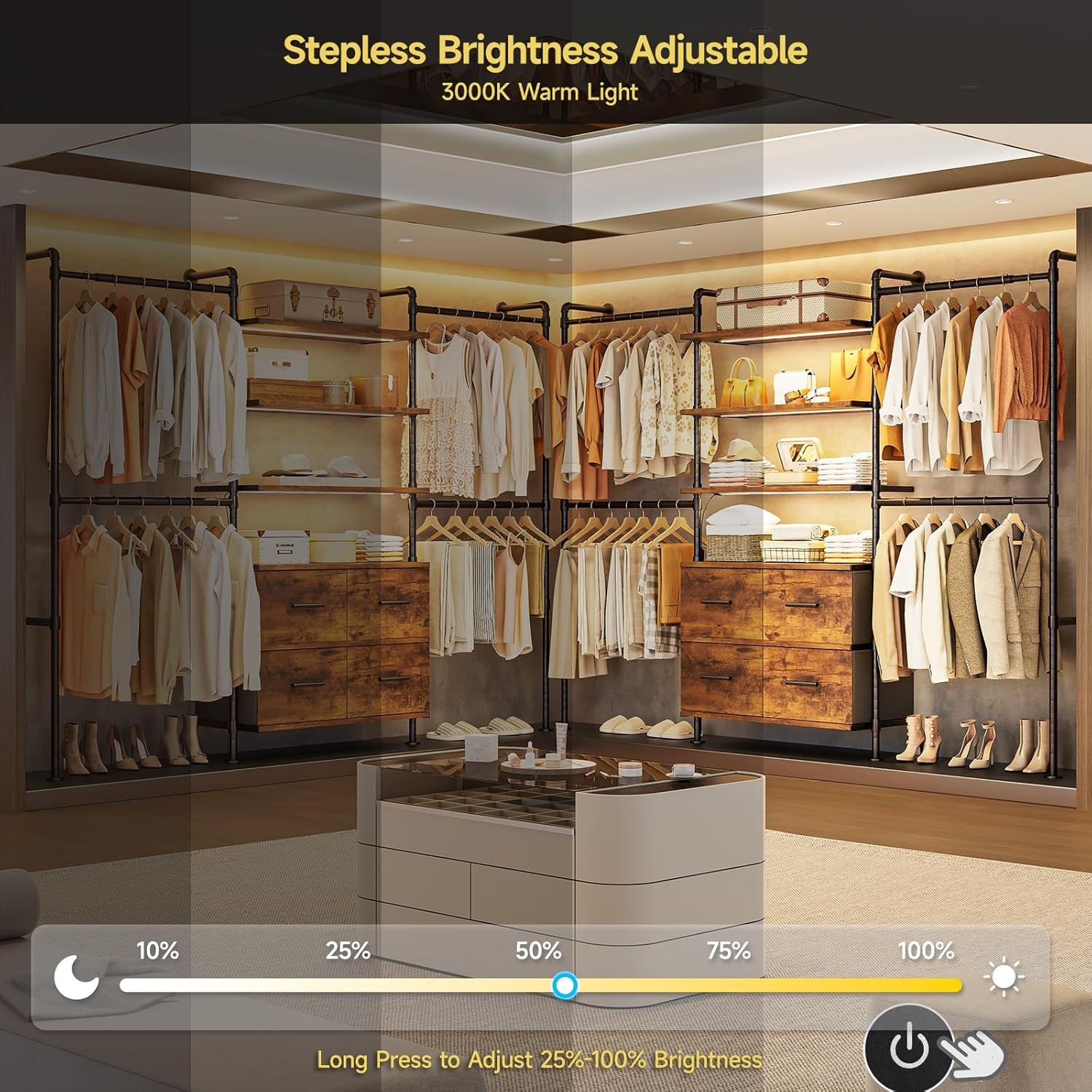 Closet System W/ Stepless Dimmable LED Light Industrial Pipe Clothing Rack