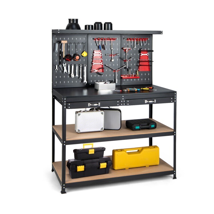 Workbench Multi Purpose Garage Wood Work Table Tool Organizer w/Drawers & Hooks