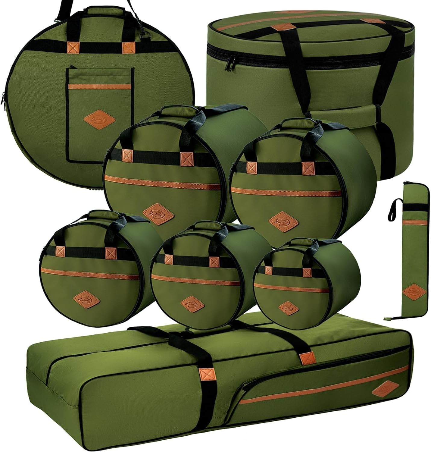 Vintage Green Slub Cotton 9pc Drum Bag Set Padded for Toms Snare Bass and More