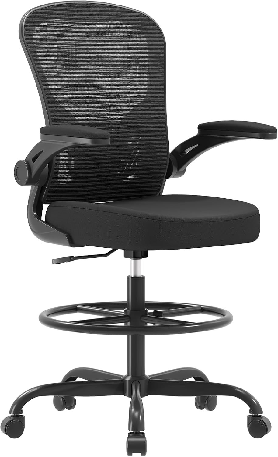 Ergonomic Mesh Backed Office Drafting Chair w/ Flip Up Arm Rests Black