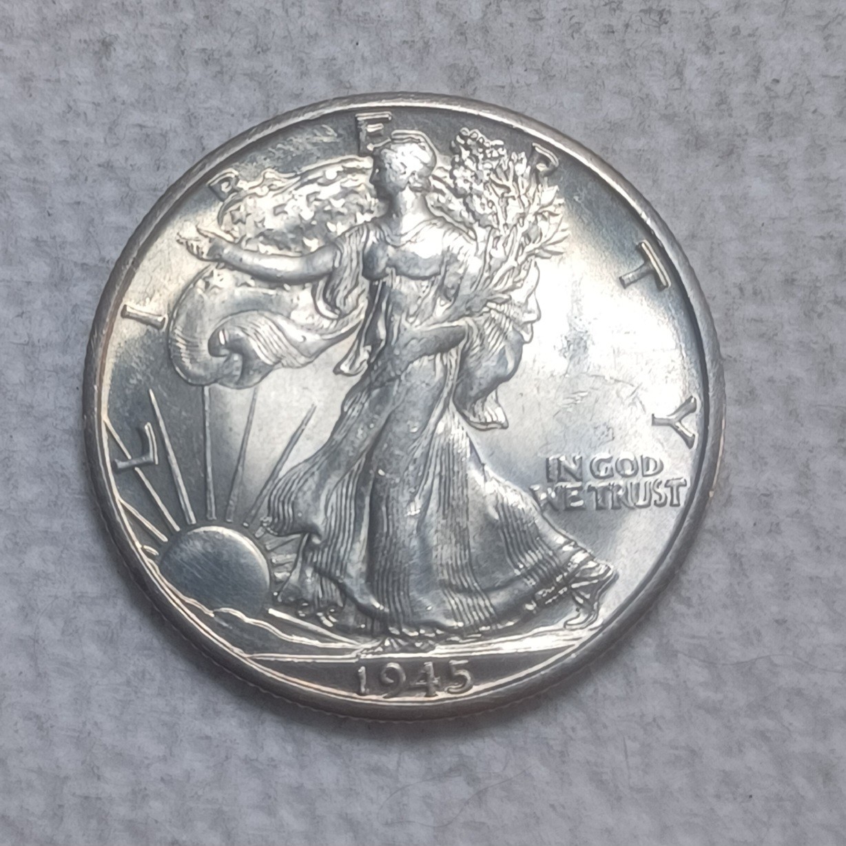 1945 D 50C Walking Liberty Half Dollar. Uncirculated Mint State 65! Video M0046.