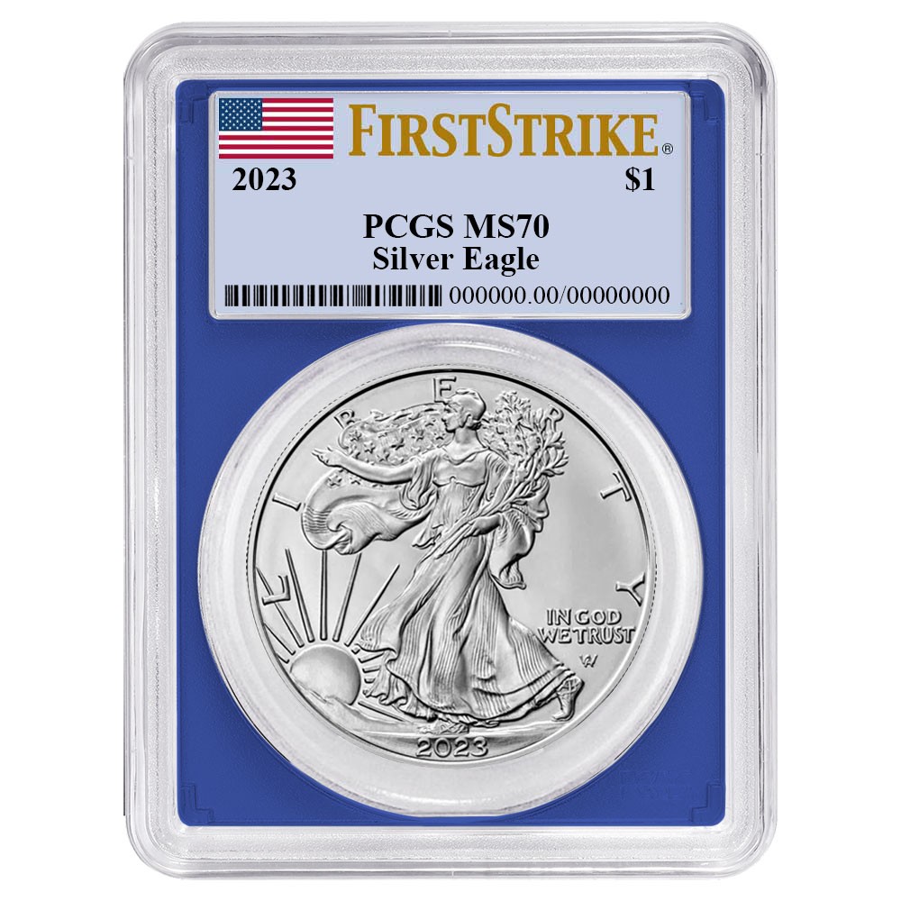 2023 $1 American Silver Eagle PCGS MS70 FS Flag Label Blue Frame