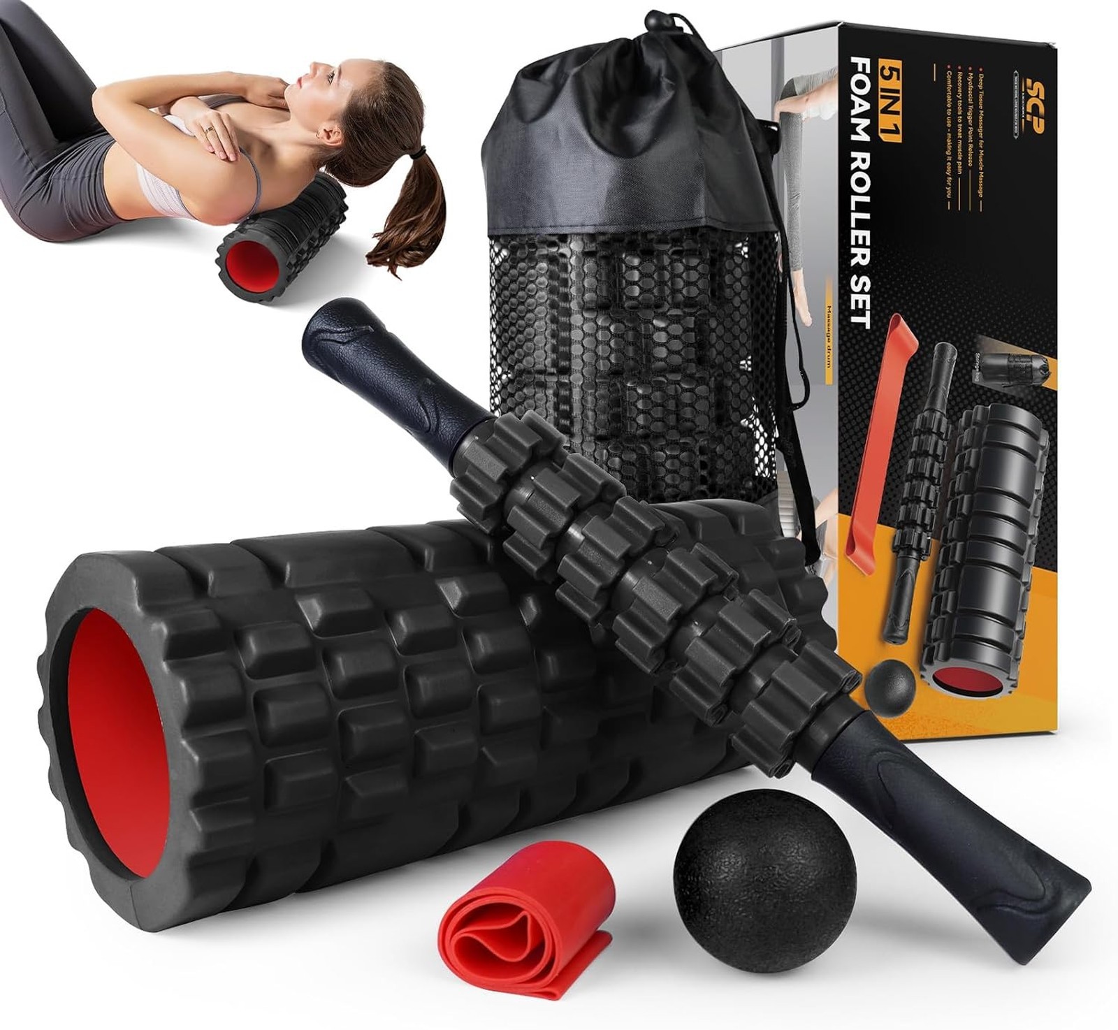 Foam Roller Set 5 in 1 Trigger Point Massage Stick Ball Resistance Band Deep