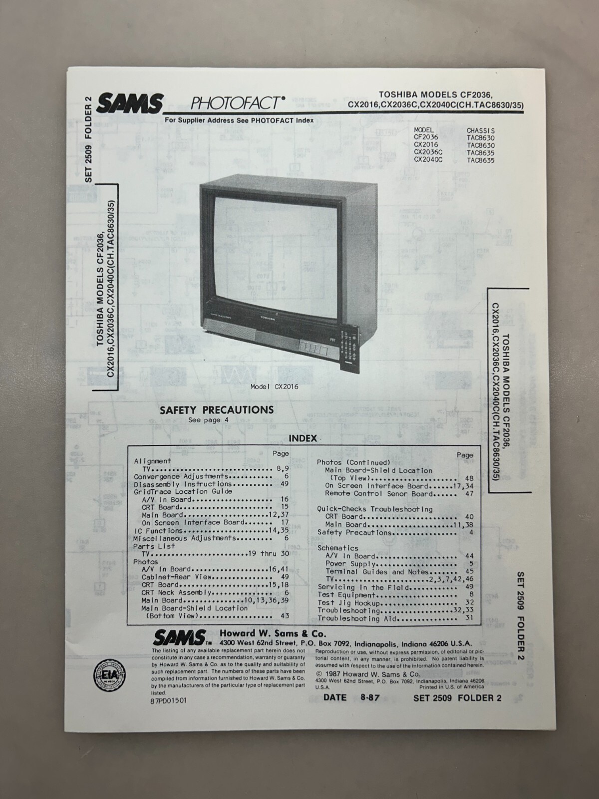 Toshiba CF2036 CX2016 CX2040 Service Manual Sams Photofact Free Shipping