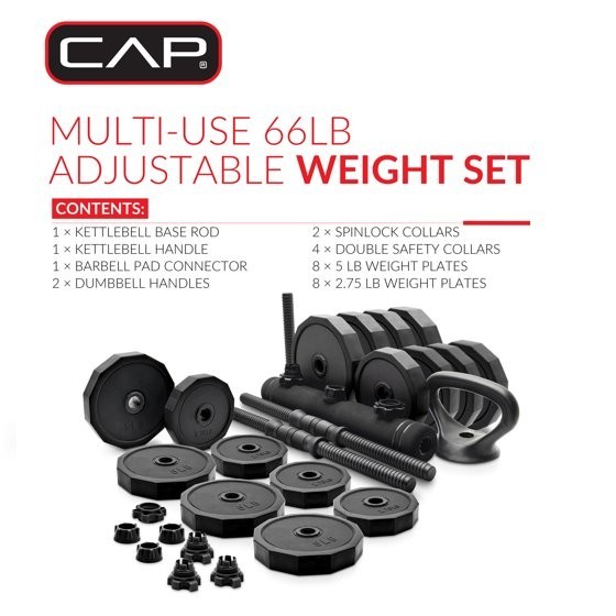 CAP 66lb Multi-Use Weight Set - Adjustable Dumbbell, Barbell & Kettlebell